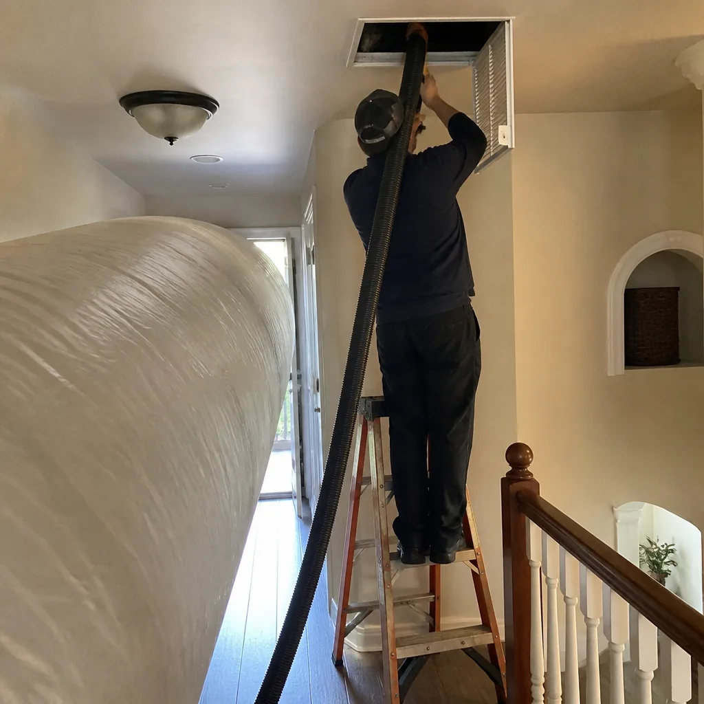 Professional cleaning a residential ceiling air duct vent with vacuum hose.