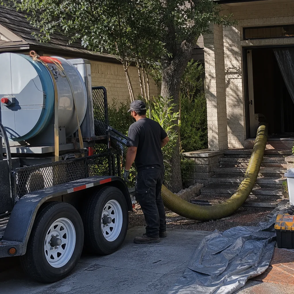 Professional technician using a vacuum hose for residential air duct cleaning