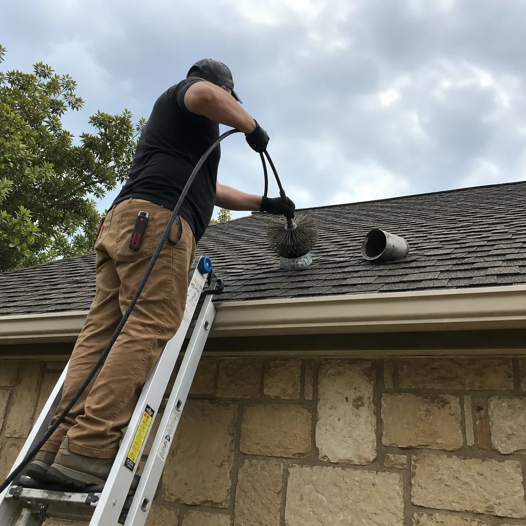 Technician using a rotary brush to perform professional dryer vent cleaning