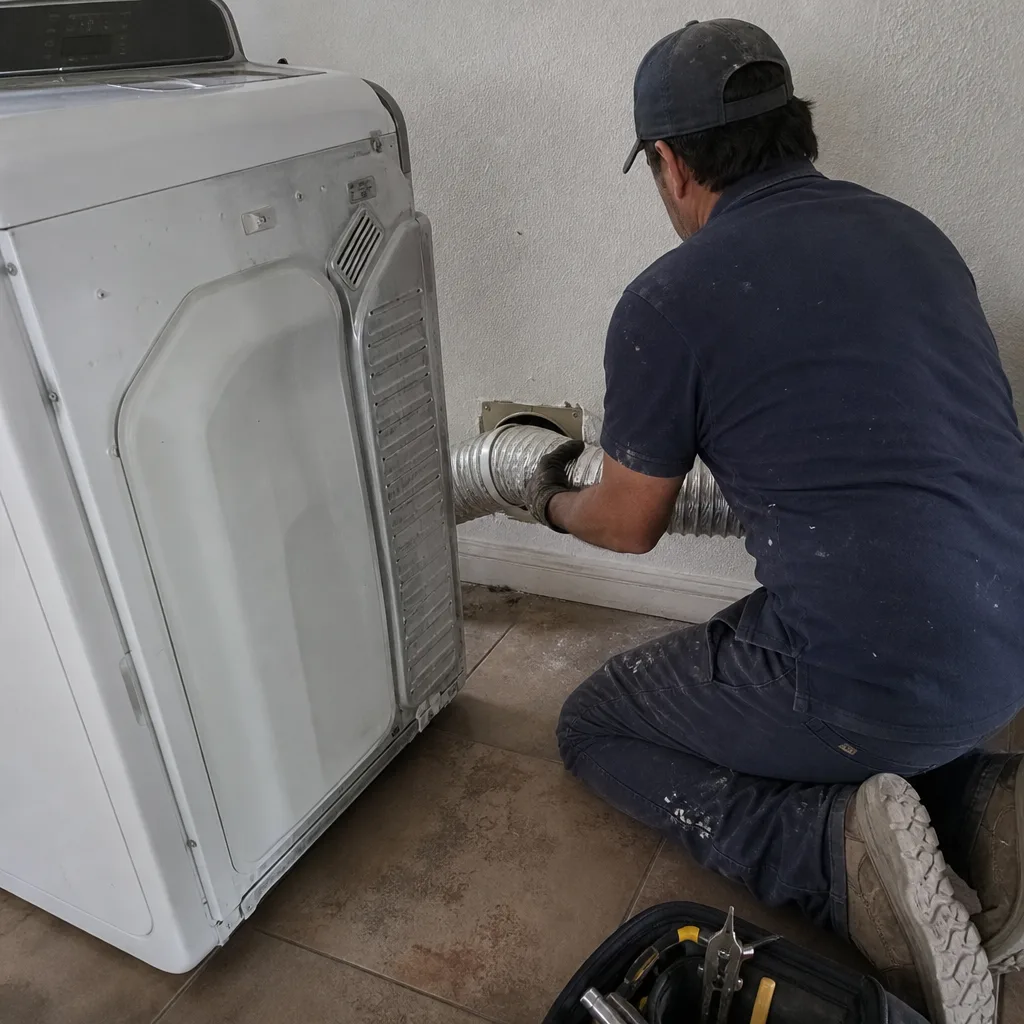 Technician connecting a flexible dryer vent hose to the wall exhaust.